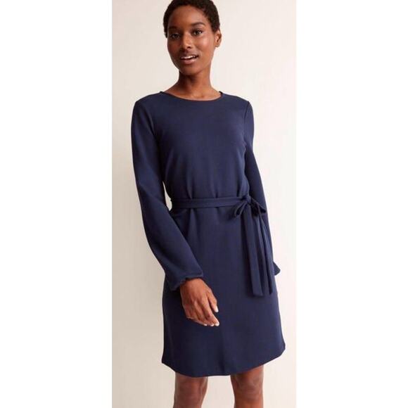 BODEN Classic Ponte Navy Blue Jersey Mini Shift Dress Long Sleeve Tie Waist NWT - Picture 2 of 6